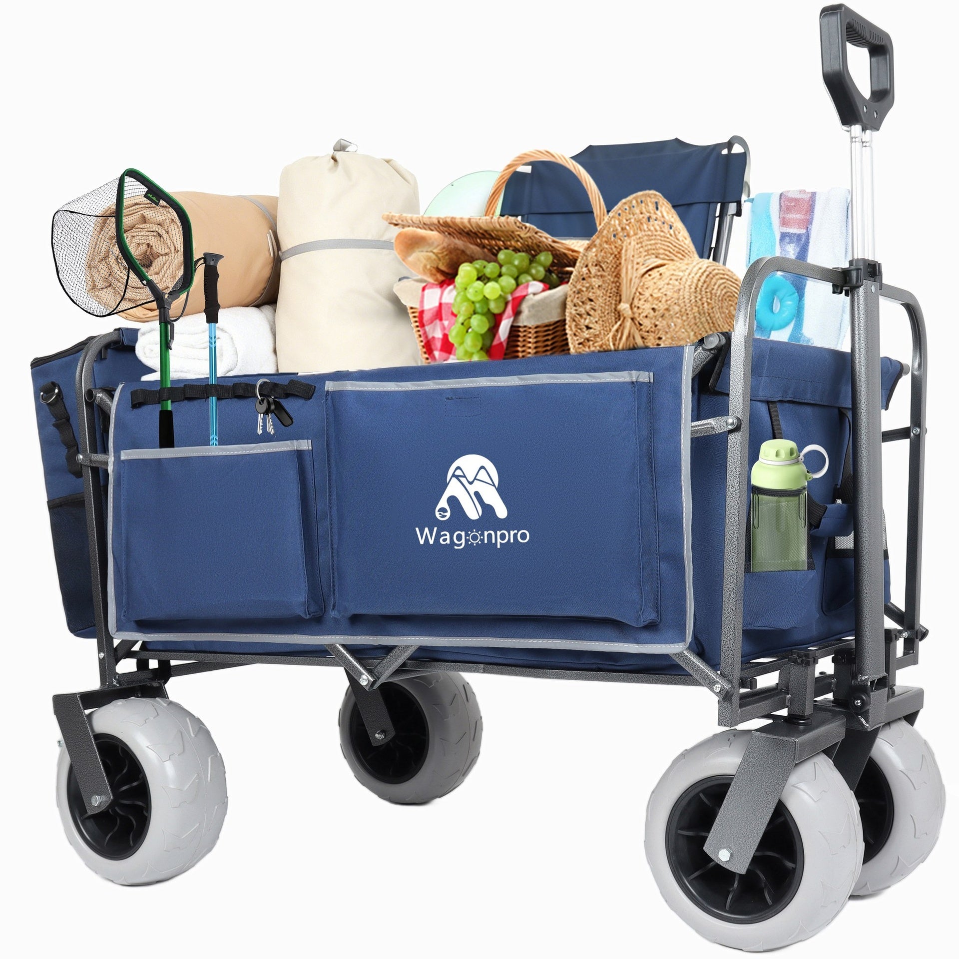 Beach Wagon with Big Wheels for Sand 500lbs capacity - Patented design, All Terrain Steel Frame Utility Cart with 9" Pneumatic Tires, Collapsible Folding Design ,strap with multiuse bag , dark blue