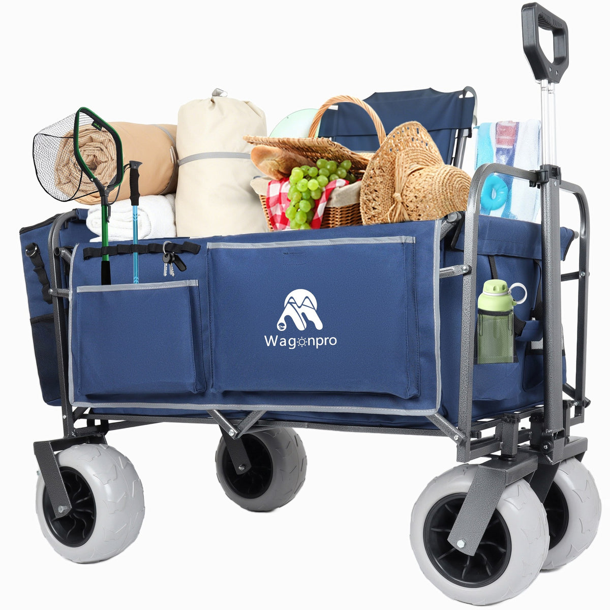 Beach Wagon with Big Wheels for Sand 500lbs capacity - Patented design, All Terrain Steel Frame Utility Cart with 9" Pneumatic Tires, Collapsible Folding Design ,strap with multiuse bag , dark blue