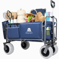 Beach Wagon with Big Wheels for Sand 500lbs capacity - Patented design, All Terrain Steel Frame Utility Cart with 9" Pneumatic Tires, Collapsible Folding Design ,strap with multiuse bag , dark blue