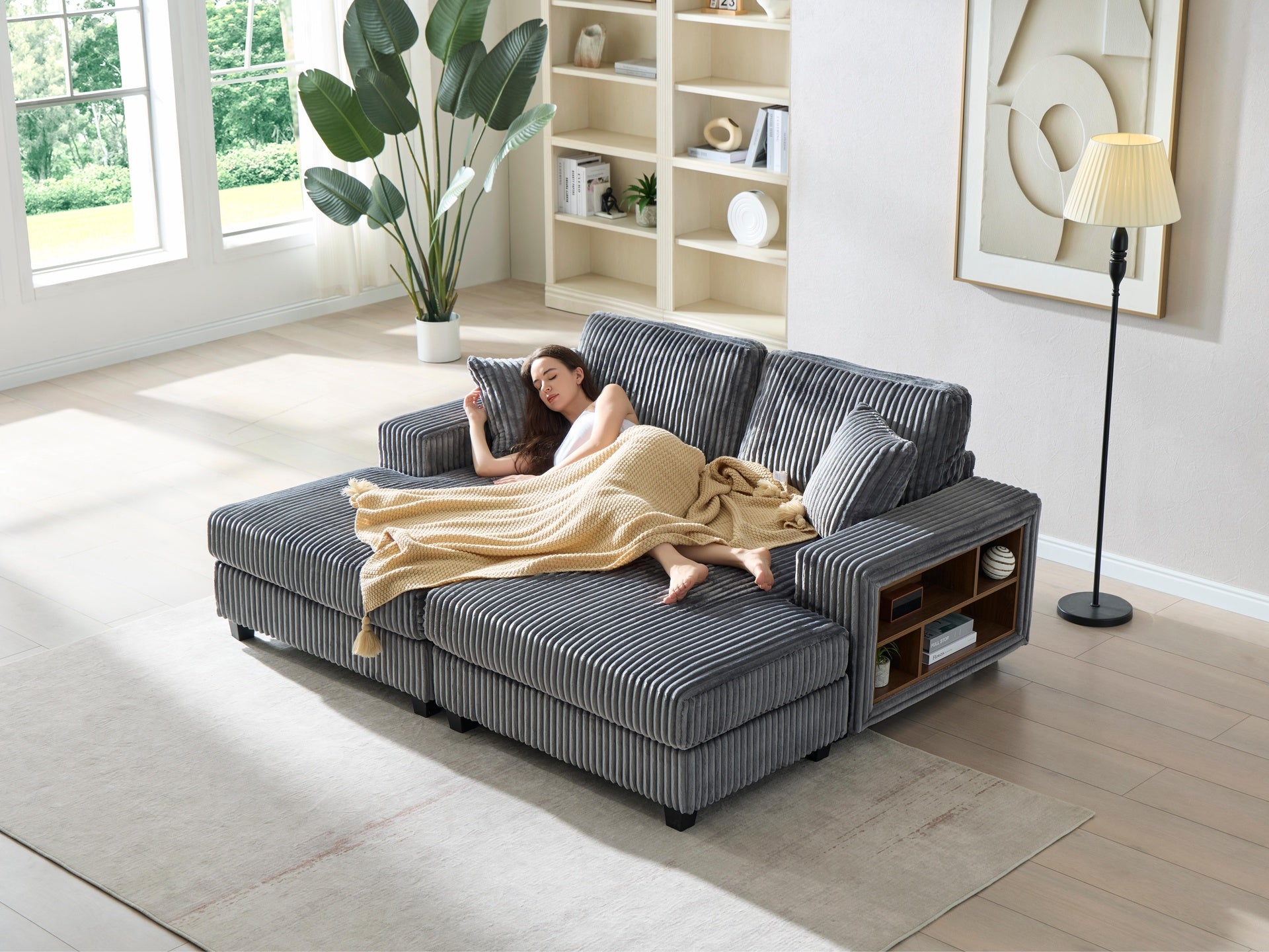 Convertible combination sofa, corduroy fabric, fluffy modern sleeper sofa chair, oversized combination living room double lounge chair,Dark Grey