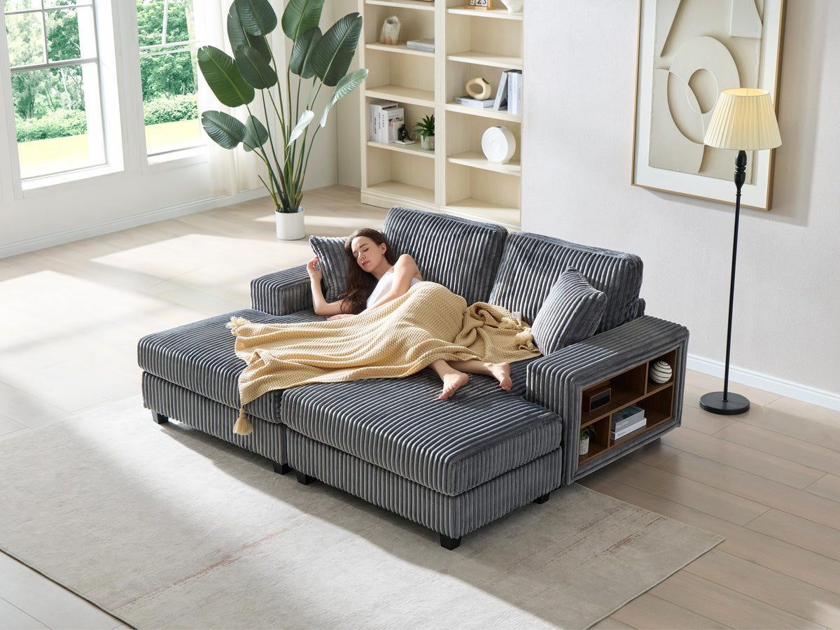 Convertible combination sofa, corduroy fabric, fluffy modern sleeper sofa chair, oversized combination living room double lounge chair,Dark Grey