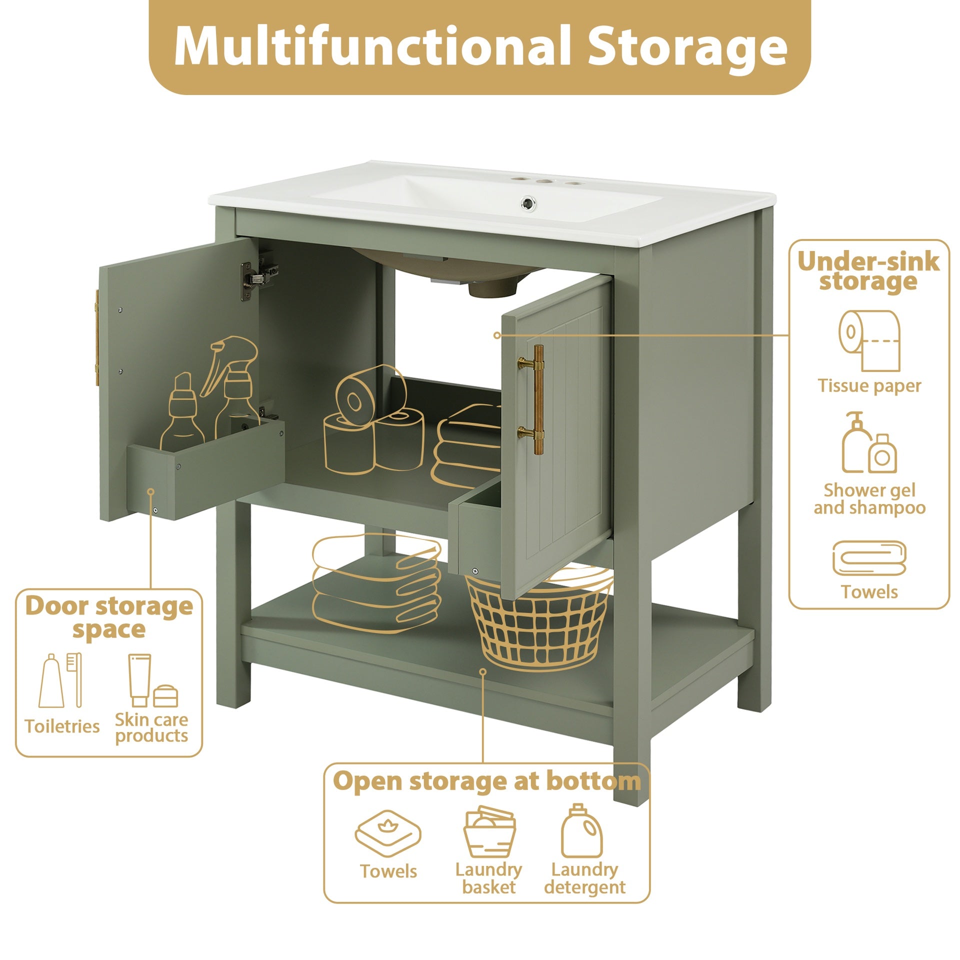 30-Inch Green Bathroom Vanity with Ceramic Sink and Versatile Storage - Ideal for Small Bathrooms