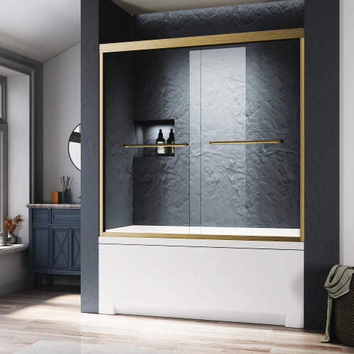 Glass Bathtub Shower Door 56-60 in. W x 57 in. H, Brushed Gold Semi Frameless Double Bathtub Door,Certified SGCC ANSI Clear Tempered Glass,Stainless Steel Handles