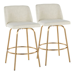 Toriano 26" Contemporary Fixed-Height Counter Stool with Swivel in Cream Fabric and Gold Metal with Round Footrest by LumiSource - Set of 2