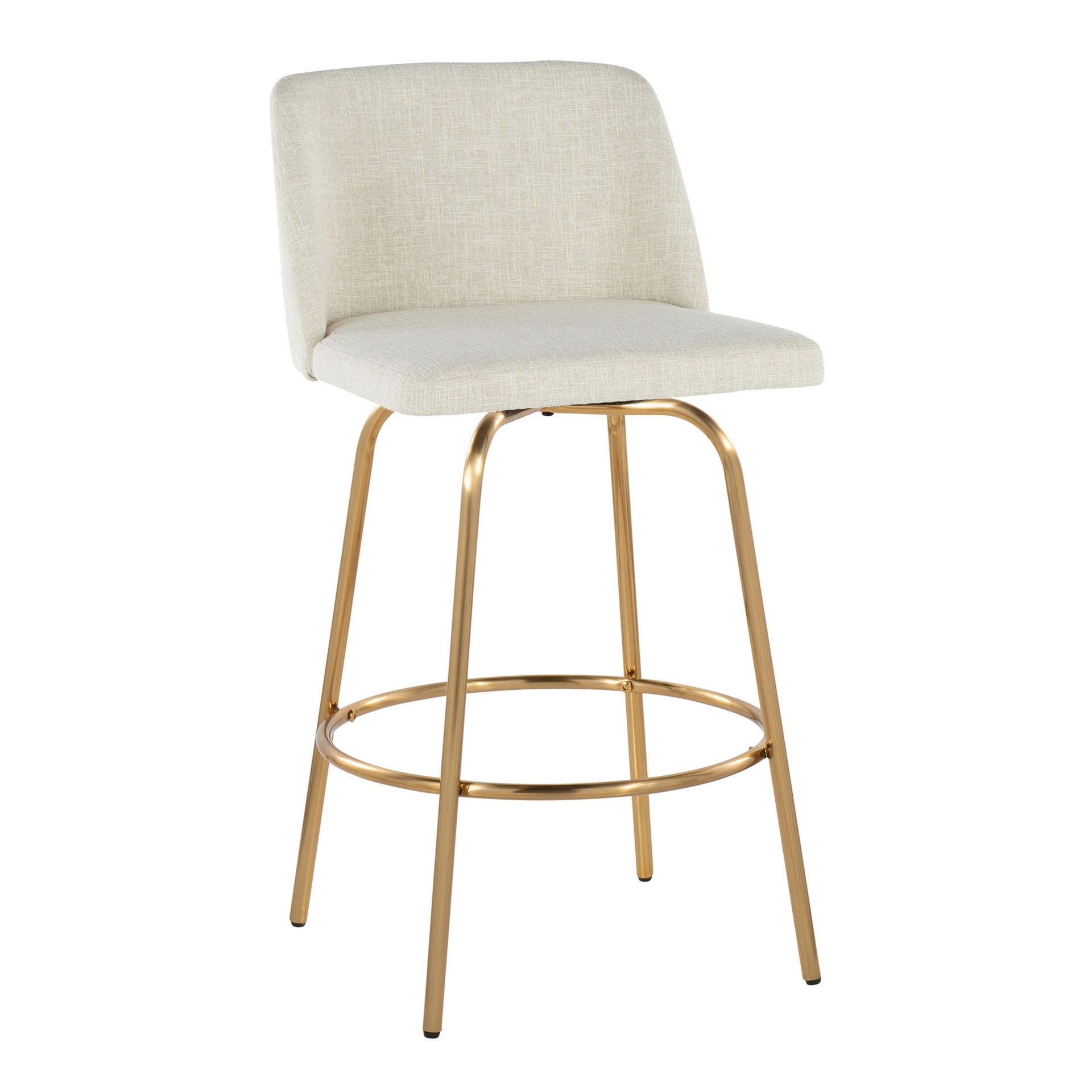 Toriano 26" Contemporary Fixed-Height Counter Stool with Swivel in Cream Fabric and Gold Metal with Round Footrest by LumiSource - Set of 2