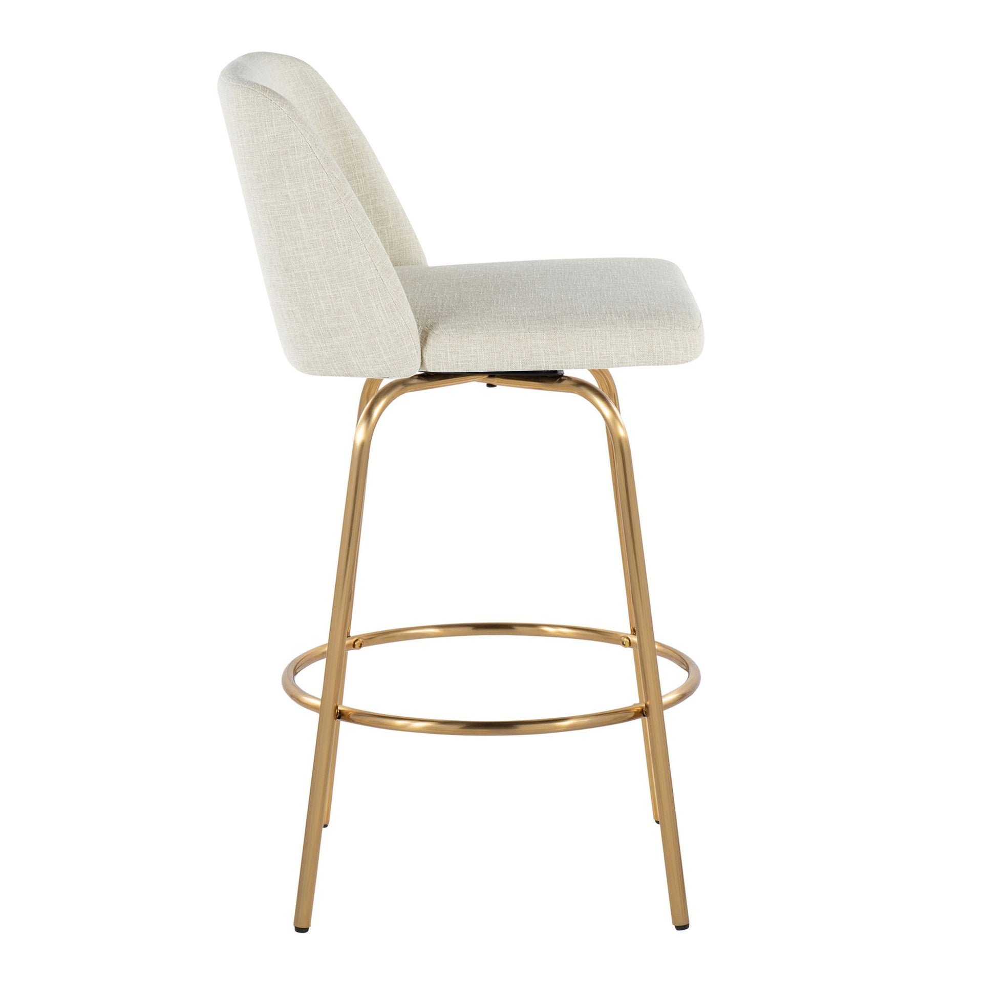 Toriano 26" Contemporary Fixed-Height Counter Stool with Swivel in Cream Fabric and Gold Metal with Round Footrest by LumiSource - Set of 2