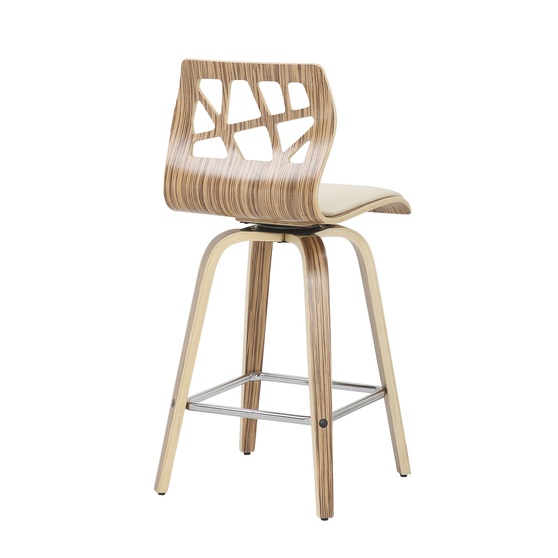Folia Mid-Century Modern Counter Stool in Zebra Wood and Cream Faux Leather by LumiSource - Set of 2
