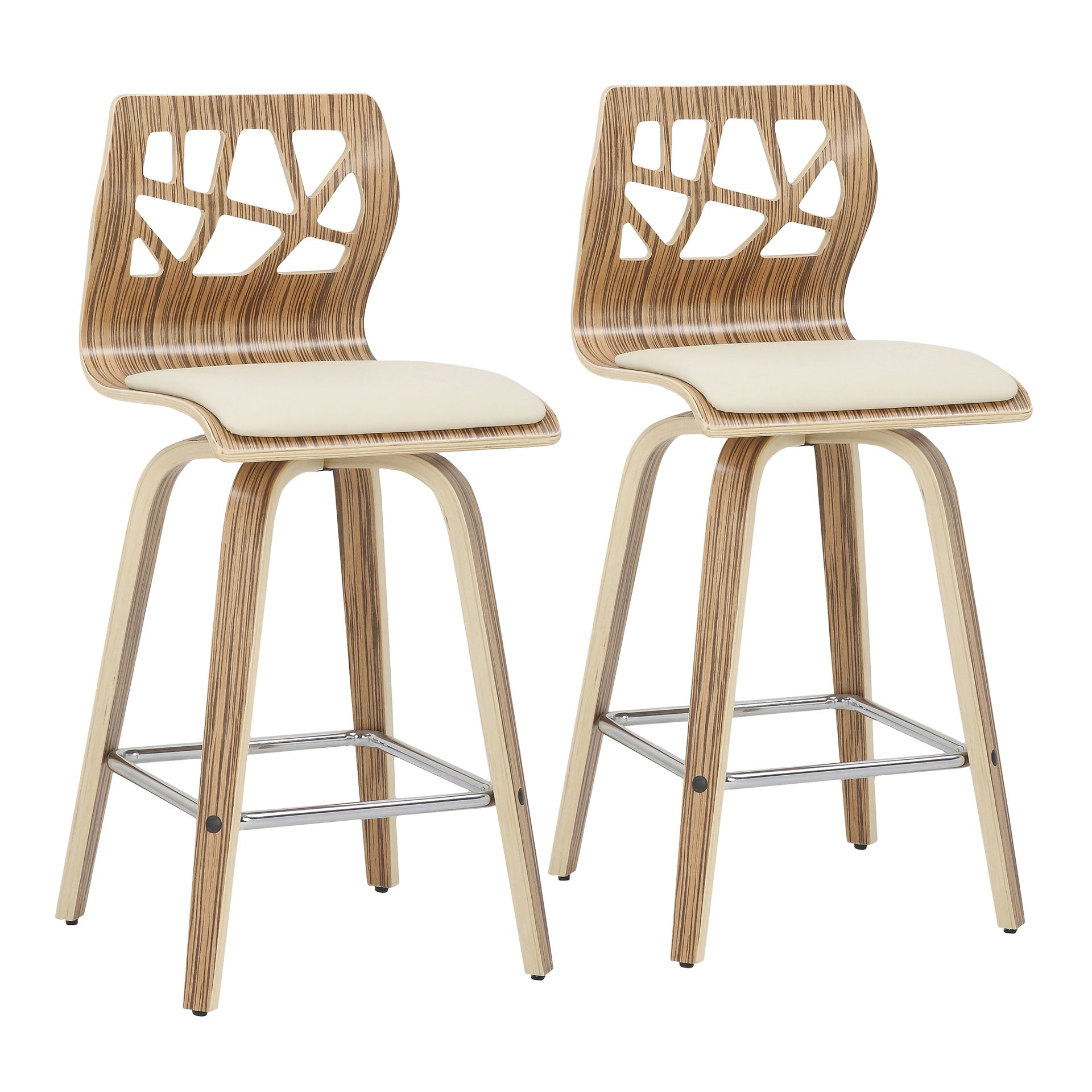 Folia Mid-Century Modern Counter Stool in Zebra Wood and Cream Faux Leather by LumiSource - Set of 2
