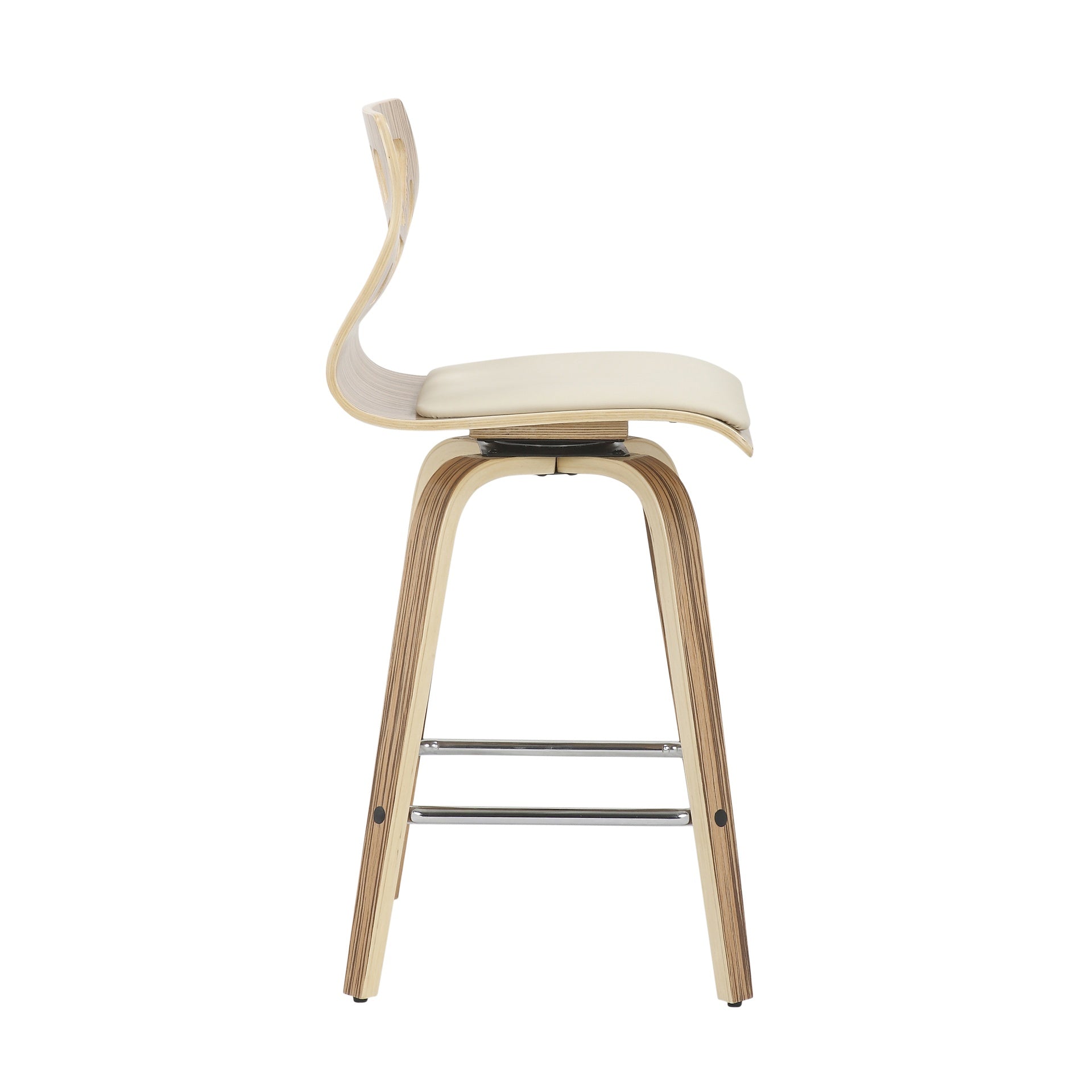 Folia Mid-Century Modern Counter Stool in Zebra Wood and Cream Faux Leather by LumiSource - Set of 2