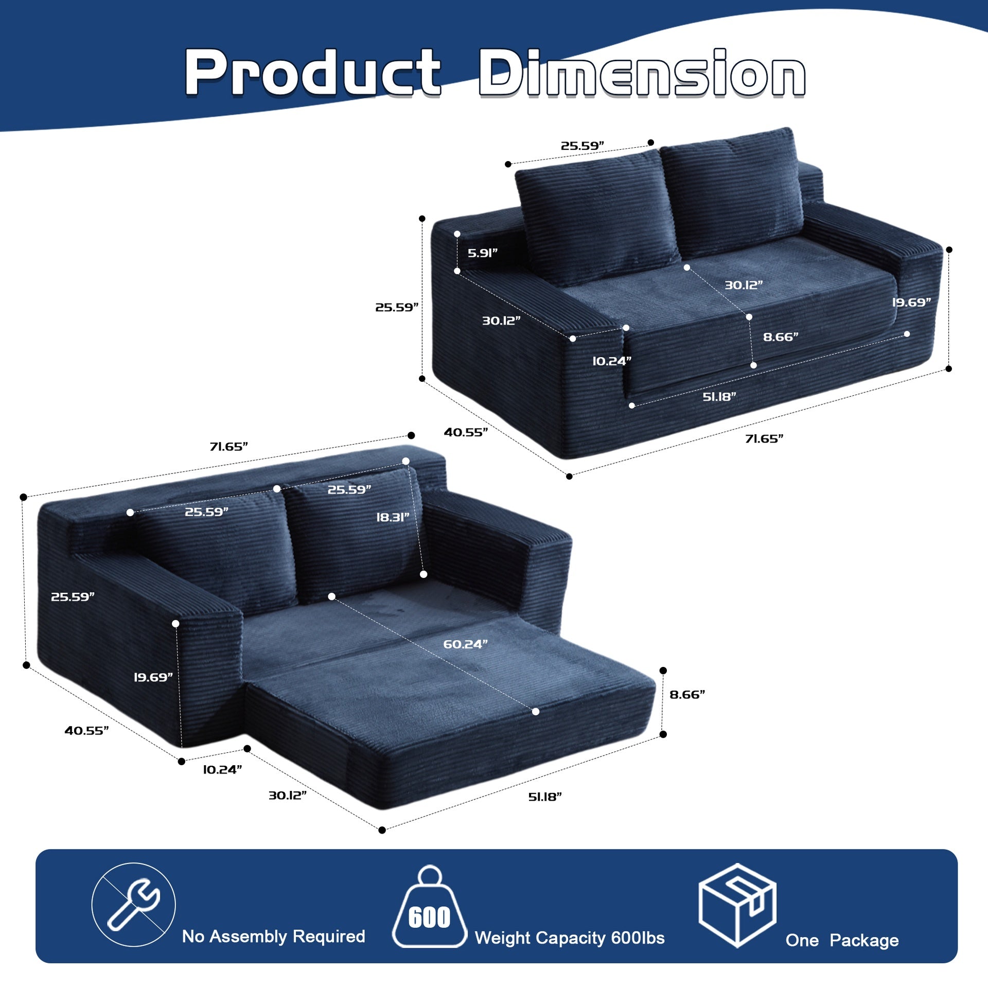Loveseat Sofa, Comfortable Deep Seat Sofa Bed, Modern Small Corduroy Couch for Living Room Bedroom,Reversible Cushion with Pillows,No Assembly Required, Dark-blue