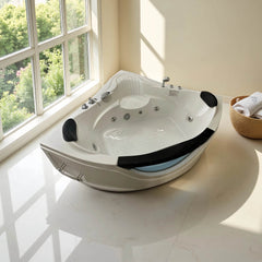 59" Corner Whirlpool Bathtub for 2-Person, Luxury Jetted Spa Tub with 6 Hydro Massage Jets, Chromatherapy LED Lights &Pneumatic adjust system, UL Certified water pump,UPC Certified drainer