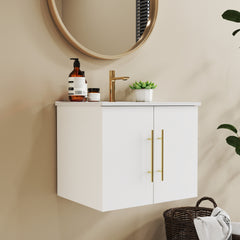 24-Inch Wall-Mounted Bathroom Vanity with Sink Combo,Double Doors,Soft Close Hinges, Ceramic Basin,Easy Assemble,Gold Metal Long Handle,Storage Space,Glossy White