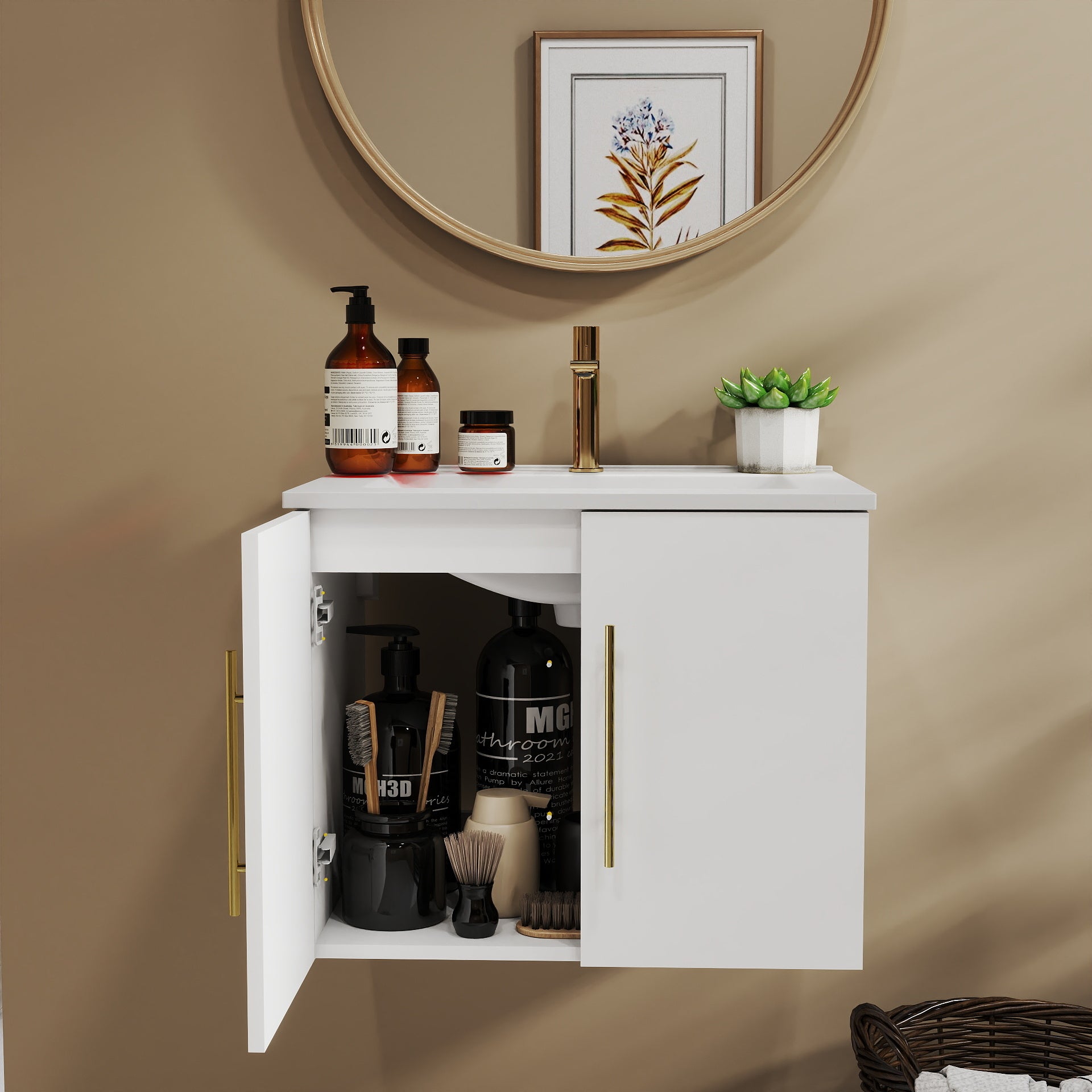 24-Inch Wall-Mounted Bathroom Vanity with Sink Combo,Double Doors,Soft Close Hinges, Ceramic Basin,Easy Assemble,Gold Metal Long Handle,Storage Space,Glossy White