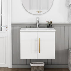 24-Inch Wall-Mounted Bathroom Vanity with Sink Combo,Double Doors,Soft Close Hinges, Ceramic Basin,Easy Assemble,Gold Metal Long Handle,Storage Space,Glossy White