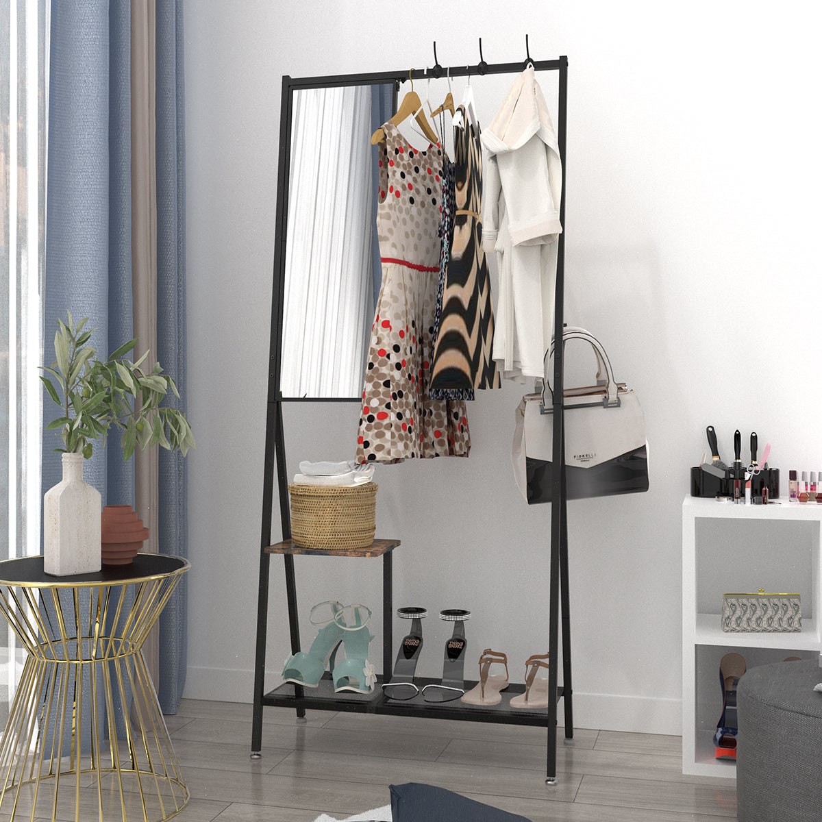 Coat Rack with Mirror, Multifunctional Hall Tree with Shoe Storage,  Aluminum Frame, for Living Room Bedroom 73x32x15 Inches, Industrial Style, Rustic Brown and Black