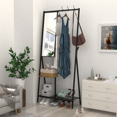 Coat Rack with Mirror, Multifunctional Hall Tree with Shoe Storage,  Aluminum Frame, for Living Room Bedroom 73x32x15 Inches, Industrial Style, Rustic Brown and Black
