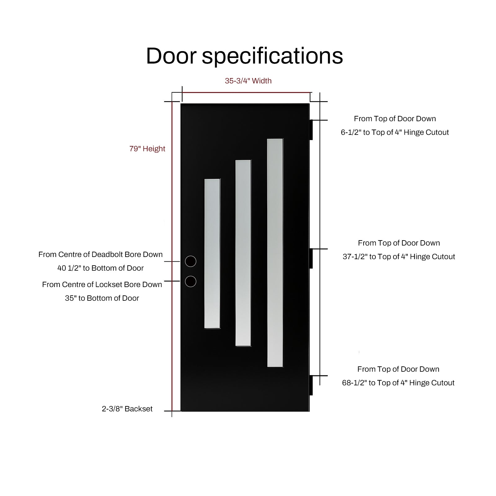 36 x 80 Brush Finished Fiberglass Entry Door with Brickmould,3 Lite Frosted Glass - Modern Style for Home's Front Entrance, 4-9/16 Black Vinyl Frame, Right Hand Inswing,Black Knock-Down Door