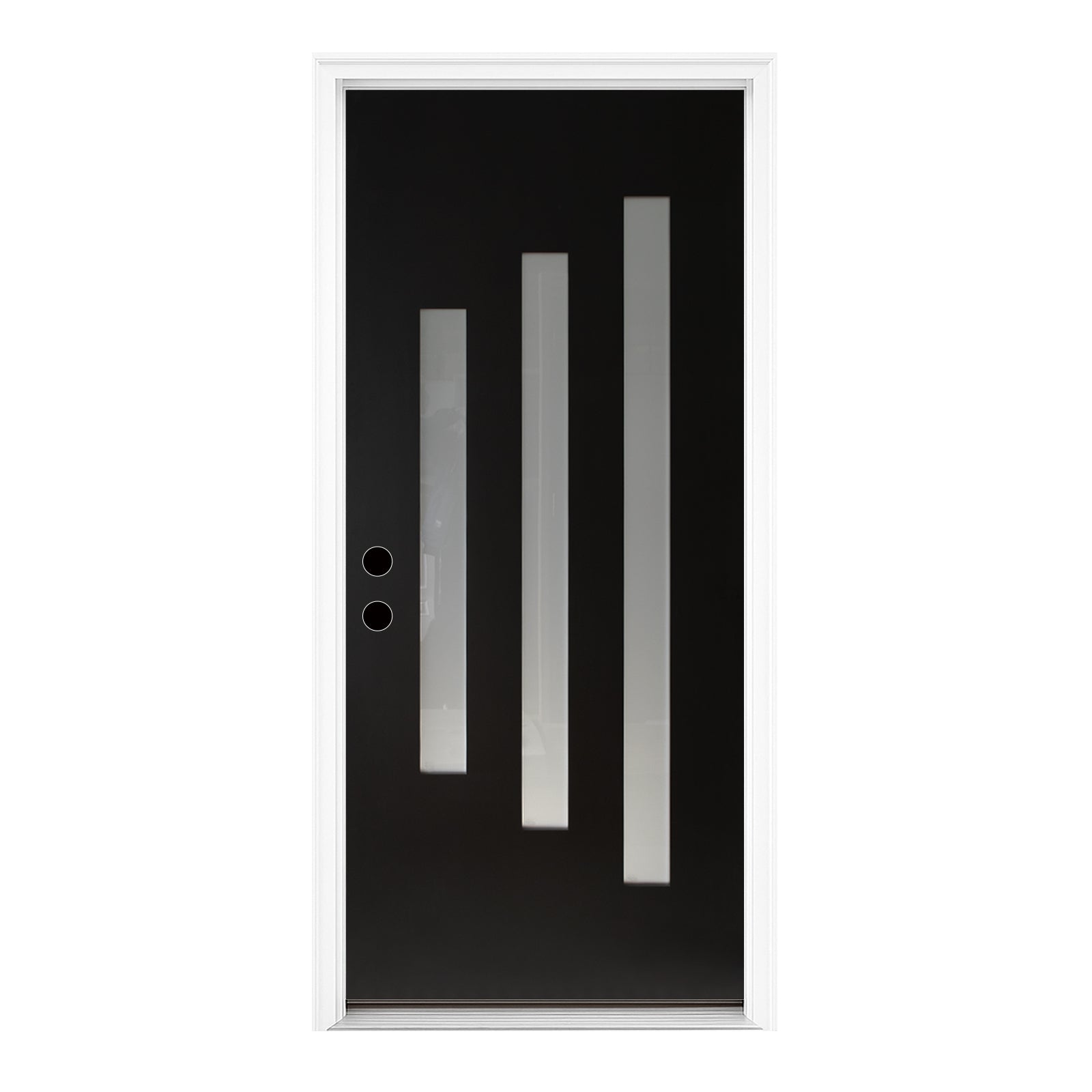 36 x 80 Brush Finished Fiberglass Entry Door with Brickmould,3 Lite Frosted Glass - Modern Style for Home's Front Entrance, 4-9/16 Black Vinyl Frame, Right Hand Inswing,Black Knock-Down Door