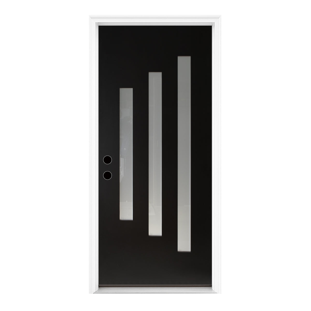 36 x 80 Brush Finished Fiberglass Entry Door with Brickmould,3 Lite Frosted Glass - Modern Style for Home's Front Entrance, 4-9/16 Black Vinyl Frame, Right Hand Inswing,Black Knock-Down Door