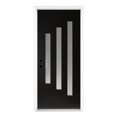 36 x 80 Brush Finished Fiberglass Entry Door with Brickmould,3 Lite Frosted Glass - Modern Style for Home's Front Entrance, 4-9/16 Black Vinyl Frame, Right Hand Inswing,Black Knock-Down Door