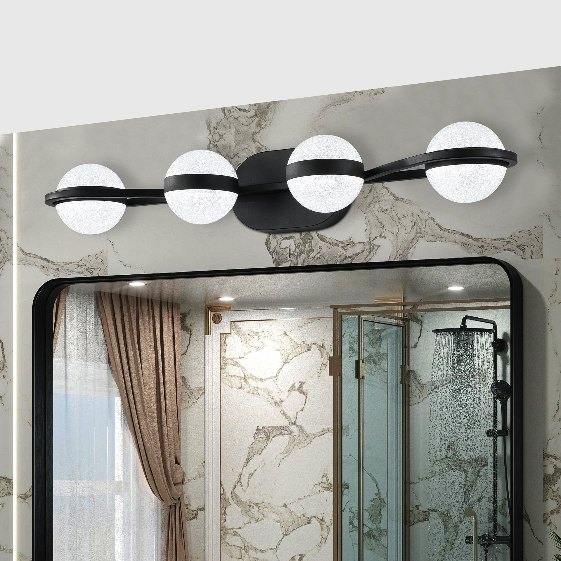 30" Black Minimalist LED Bathroom Vanity Light with Crystal Sand Acrylic Shades, 4-Light Wall Mounted Decorative Lighting Fixture, Suitable for Bathroom Vanity Mirror