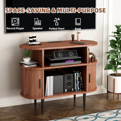 Large Round Record Player Stand with Charging Station & USB Ports, Record Storage Cabinet, Mid Century Modern Turntable Stand for Bedroom Living Room (WALNUT)