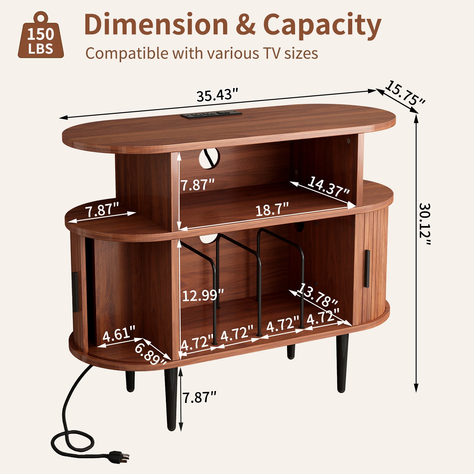 Large Round Record Player Stand with Charging Station & USB Ports, Record Storage Cabinet, Mid Century Modern Turntable Stand for Bedroom Living Room (WALNUT)