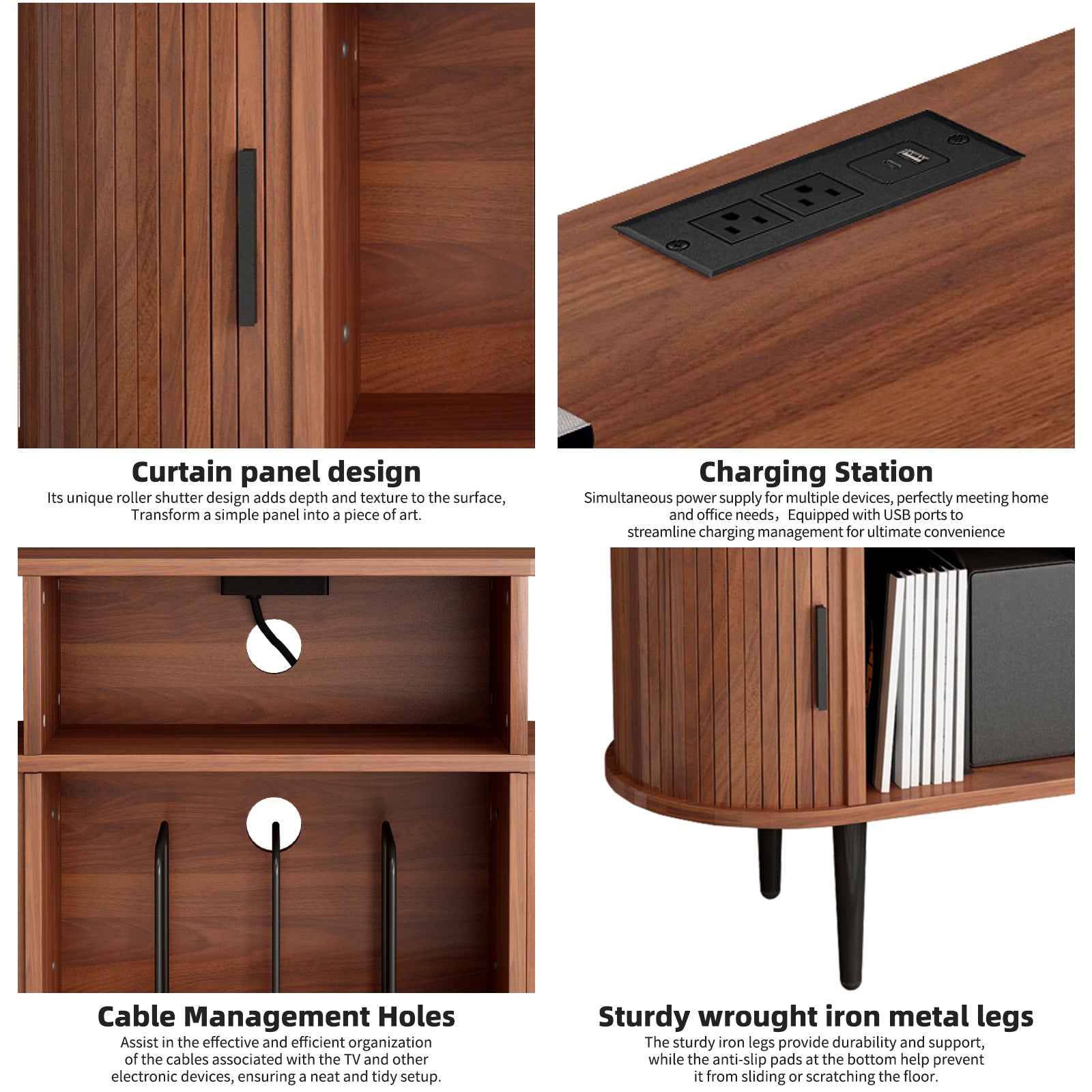 Large Round Record Player Stand with Charging Station & USB Ports, Record Storage Cabinet, Mid Century Modern Turntable Stand for Bedroom Living Room (WALNUT)