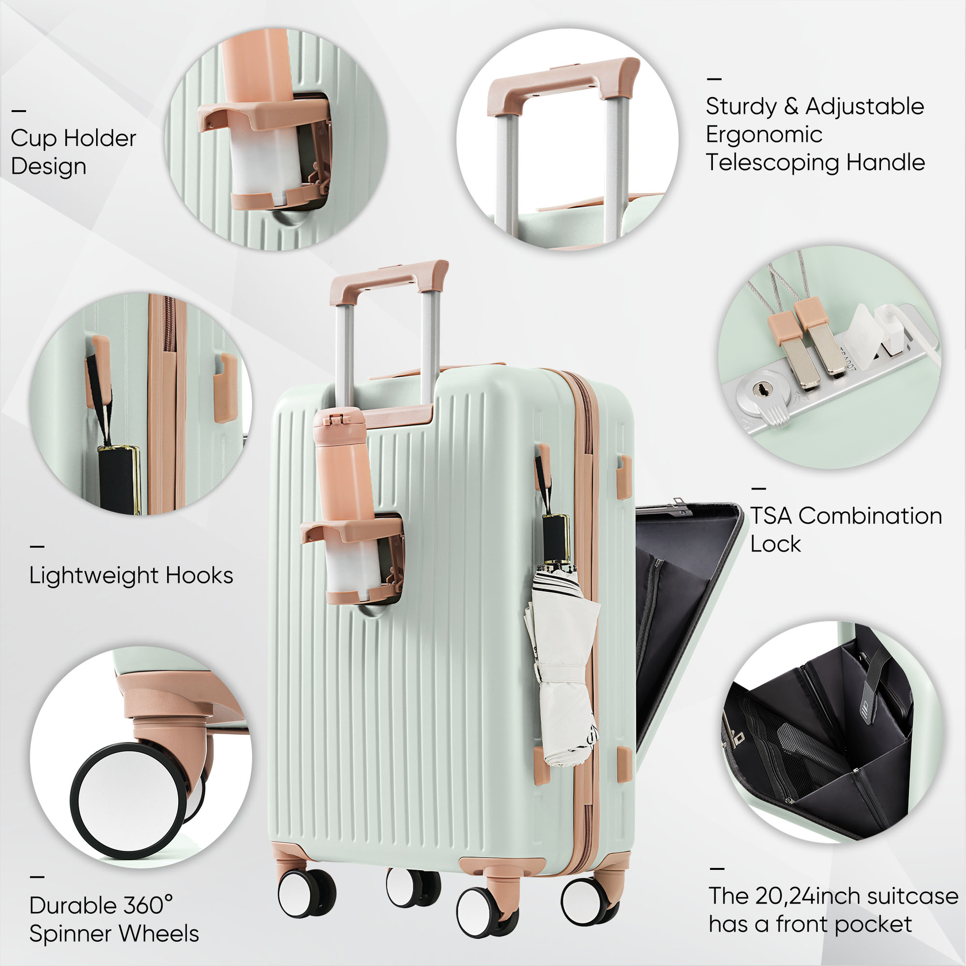 Front Opening 20-Inch Carry-On Luggage with Expandable Travel Bag Set, ABS Hard Shell Two-piece suitcase set with USB Port , Cup Holder, grey green