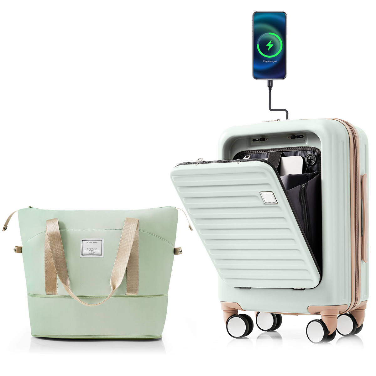 Front Opening 20-Inch Carry-On Luggage with Expandable Travel Bag Set, ABS Hard Shell Two-piece suitcase set with USB Port , Cup Holder, grey green