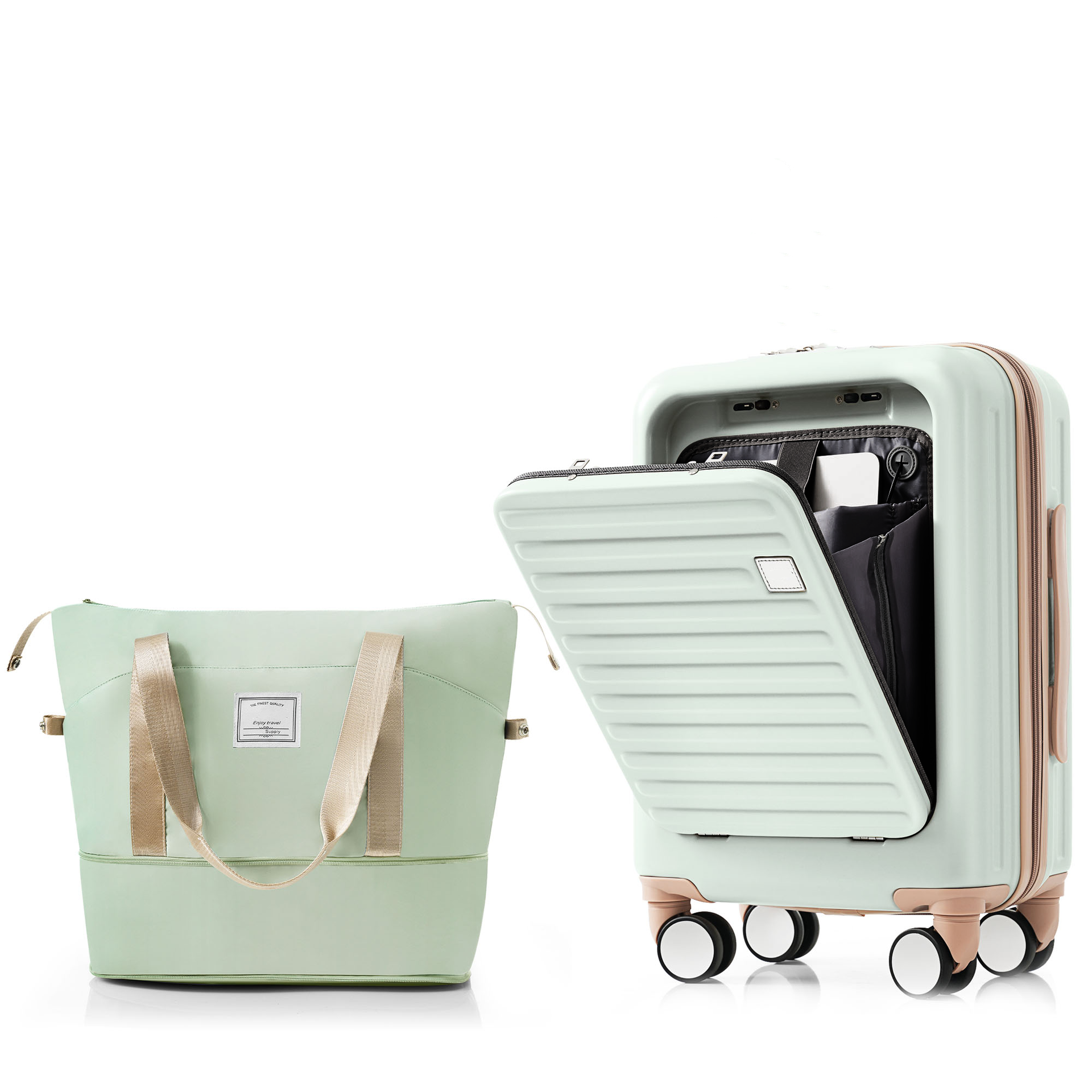Front Opening 20-Inch Carry-On Luggage with Expandable Travel Bag Set, ABS Hard Shell Two-piece suitcase set with USB Port , Cup Holder, grey green