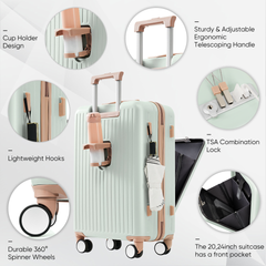 Luggage Set of 3, 20, 24, 28inch with USB Port, 20, 24inch with front opening design Airline Certified Carry on Luggage with Cup Holder, ABS Hard Shell Luggage with Spinner Wheels, grey green