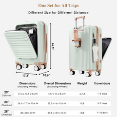 Luggage Set of 3, 20, 24, 28inch with USB Port, 20, 24inch with front opening design Airline Certified Carry on Luggage with Cup Holder, ABS Hard Shell Luggage with Spinner Wheels, grey green