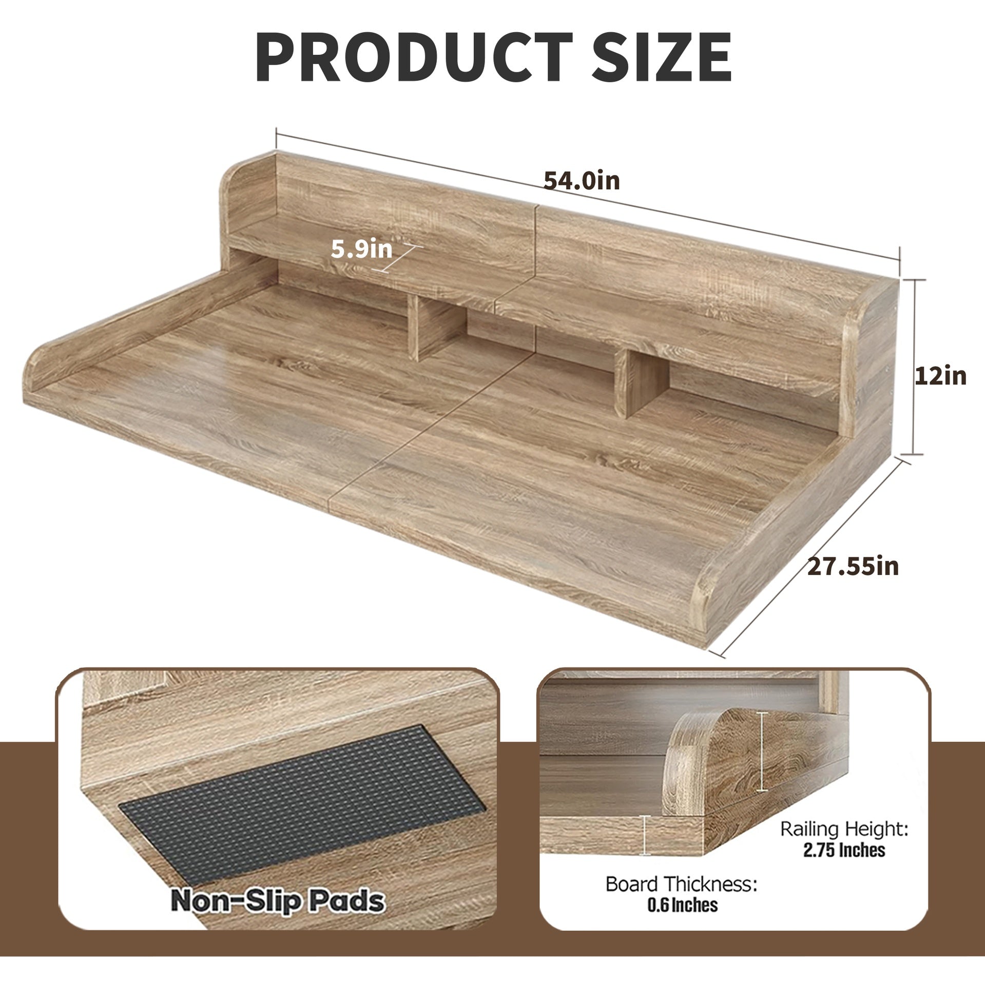 Washer Dryer Countertop with Non-slip Pads, Laundry Wood Shelf Topper with Edge, 54" Width x 27.5" Depth Double Layer Organizer for Washer and Dryer Laundry Hamper Counter Storage (Sandy Brown Color)