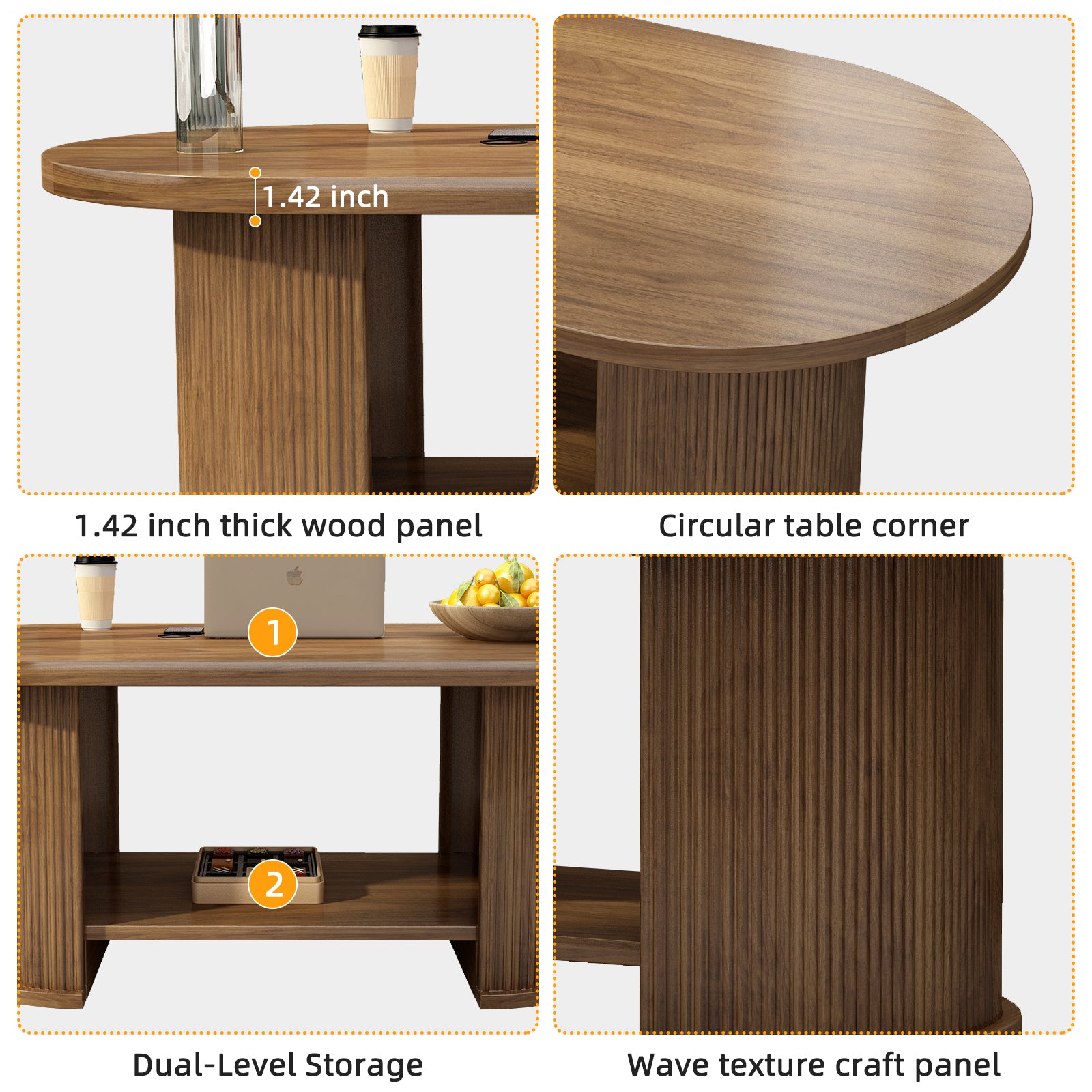 Oval Fluted Coffee Table, 47" Farmhouse Wood Coffee Table, Mid-Century 2-Tier Coffee Table with Storage Shelf, Accent Center Table with Dual Base, Boho Living Room Tables for Living Room Office,Walnut