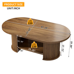 Oval Fluted Coffee Table, 47" Farmhouse Wood Coffee Table, Mid-Century 2-Tier Coffee Table with Storage Shelf, Accent Center Table with Dual Base, Boho Living Room Tables for Living Room Office,Walnut