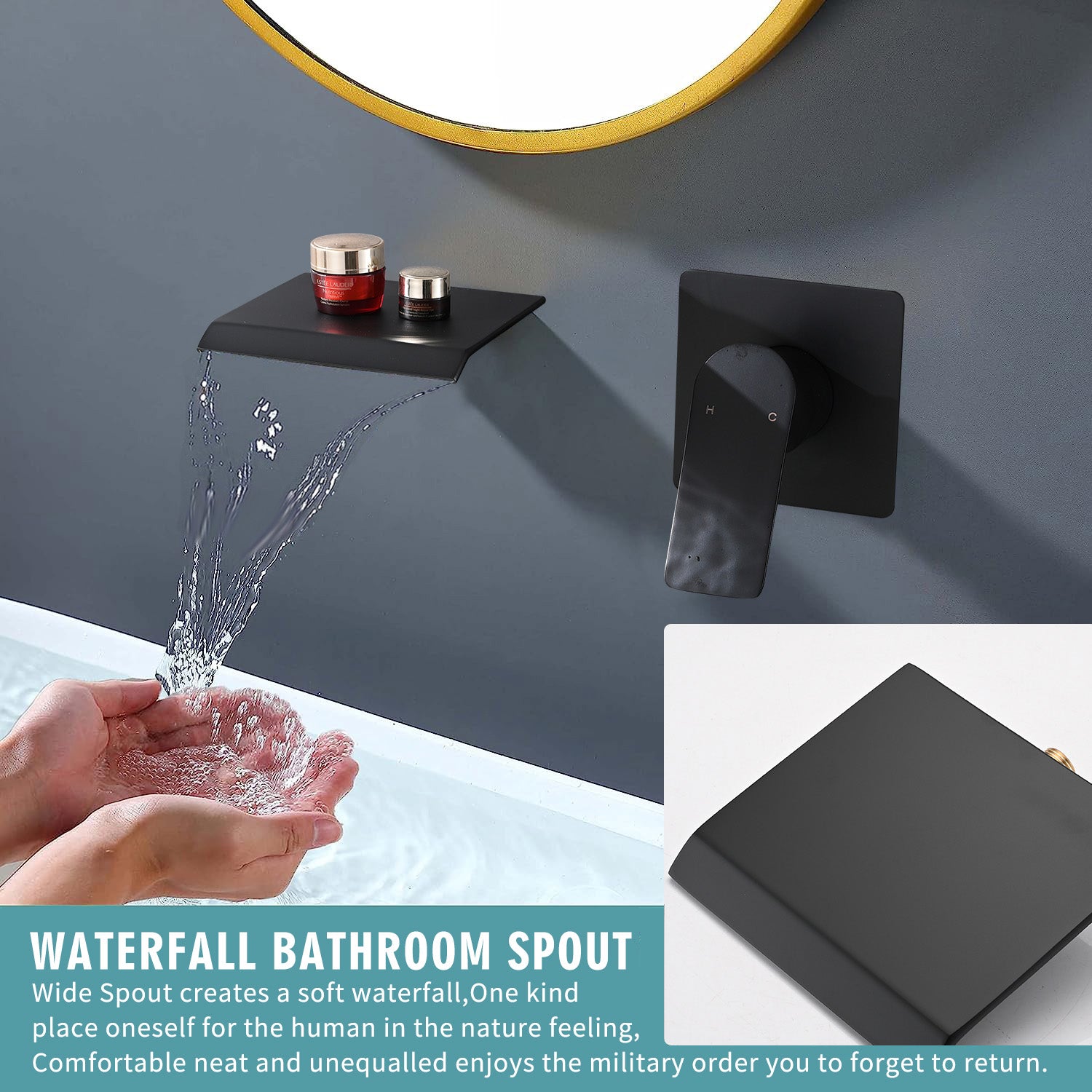 Wall Mount Bathtub Faucet Matte Black Single Handle Modern Bathroom Sink Faucet with Rough in Valve High Flow Filler Waterfall Tub Spout