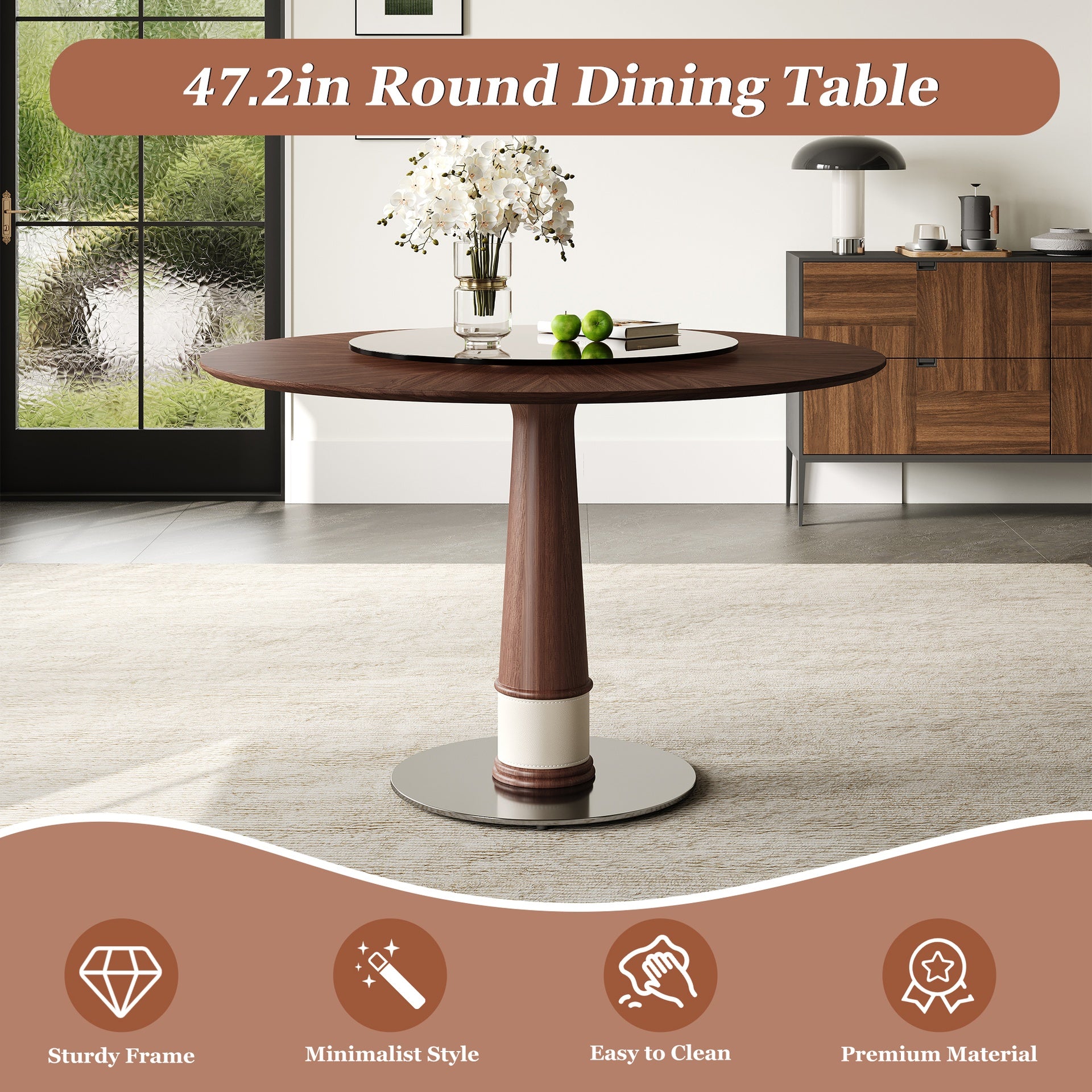 47 Inch Solid Wood Dining Table with 23 Inch Tempered Glass Lazy Susan, Stainless Steel Base Round Kitchen Table Retro Fashion Home Restaurant Office Table