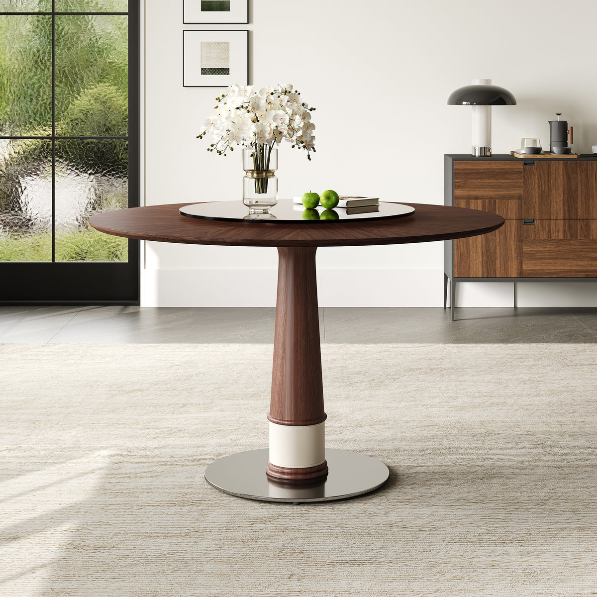 47 Inch Solid Wood Dining Table with 23 Inch Tempered Glass Lazy Susan, Stainless Steel Base Round Kitchen Table Retro Fashion Home Restaurant Office Table