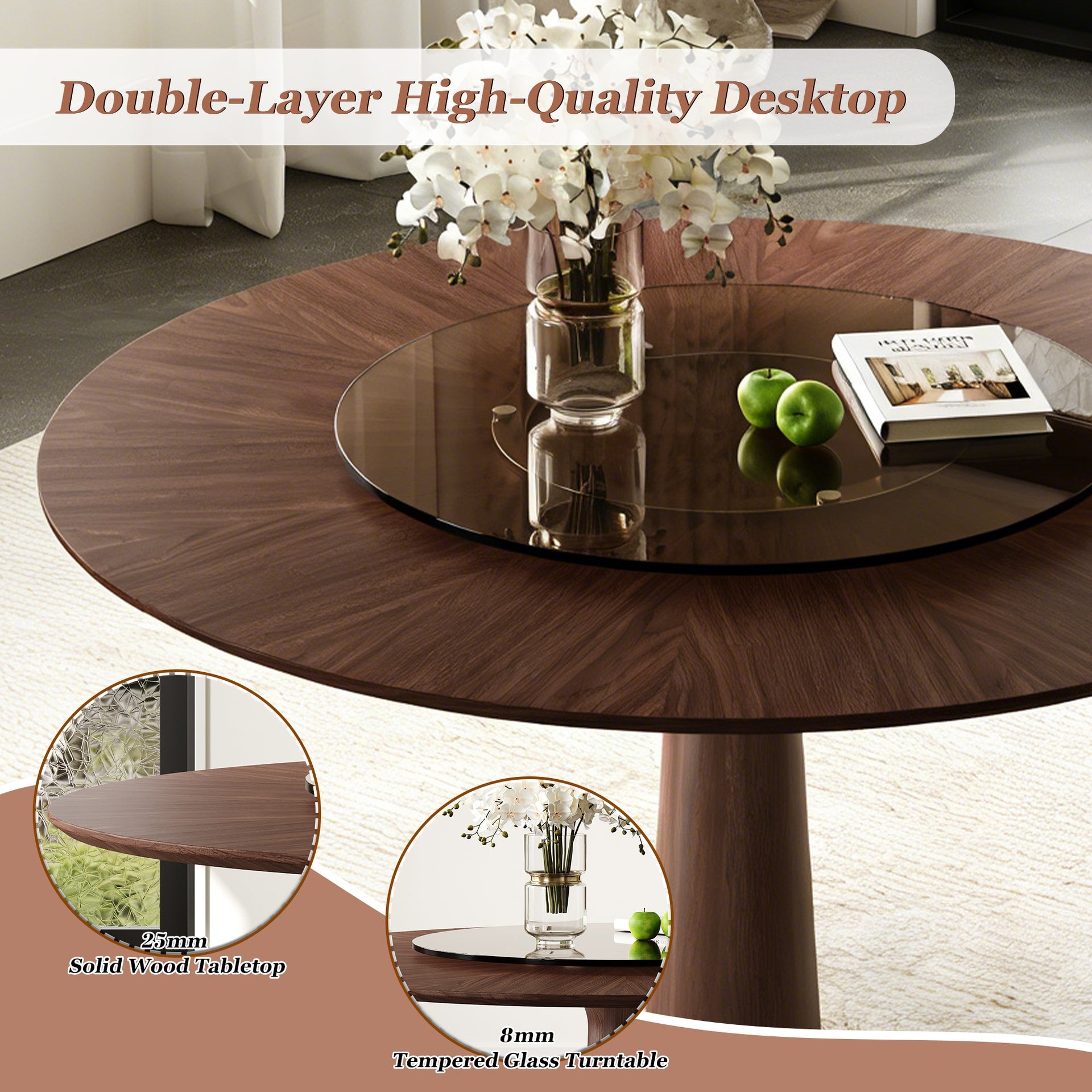 47 Inch Solid Wood Dining Table with 23 Inch Tempered Glass Lazy Susan, Stainless Steel Base Round Kitchen Table Retro Fashion Home Restaurant Office Table