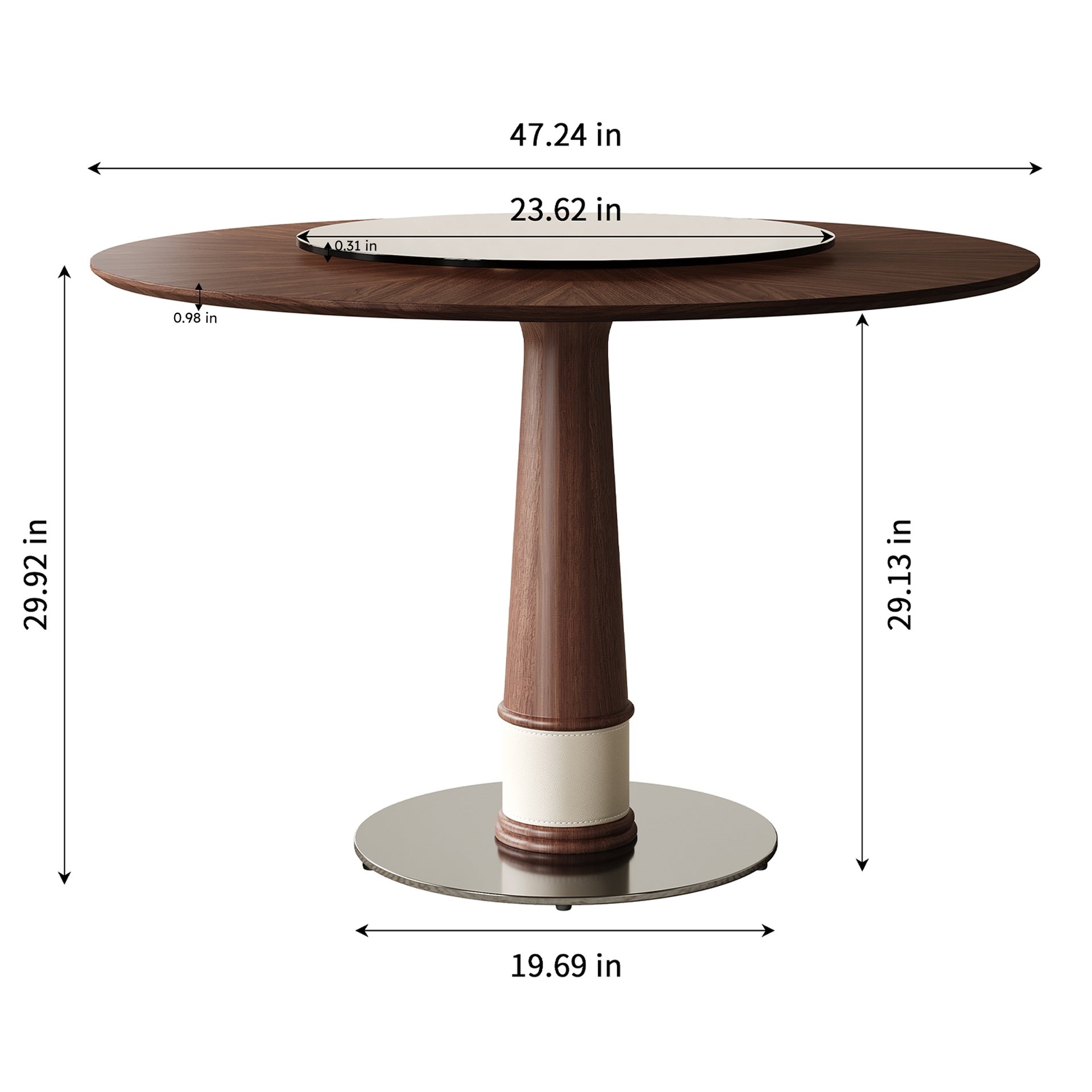 47 Inch Solid Wood Dining Table with 23 Inch Tempered Glass Lazy Susan, Stainless Steel Base Round Kitchen Table Retro Fashion Home Restaurant Office Table