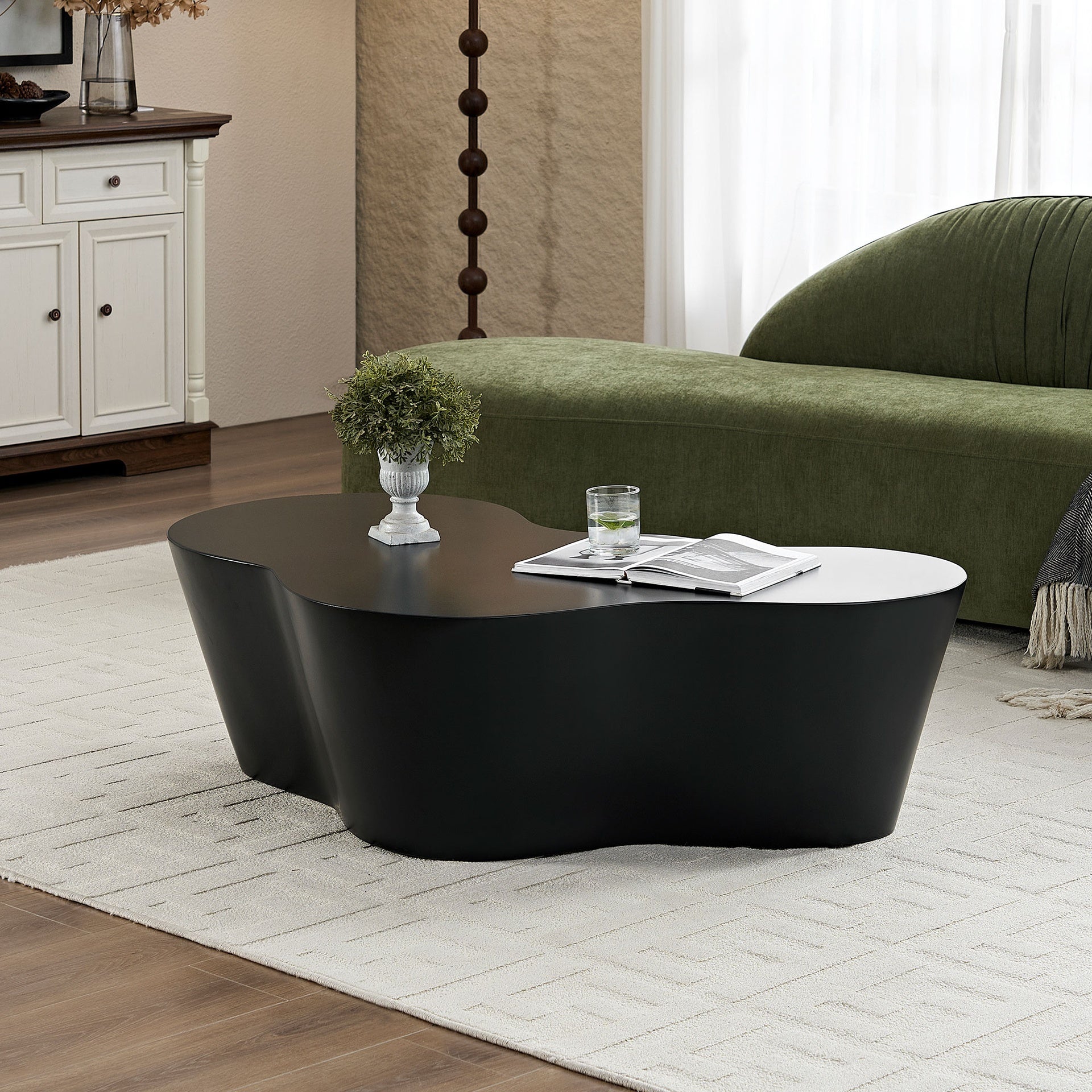 50 Inch Unique Shape Coffee Table Sturdy Fiberglass Tea Table for Living Room No Need Assembly Black