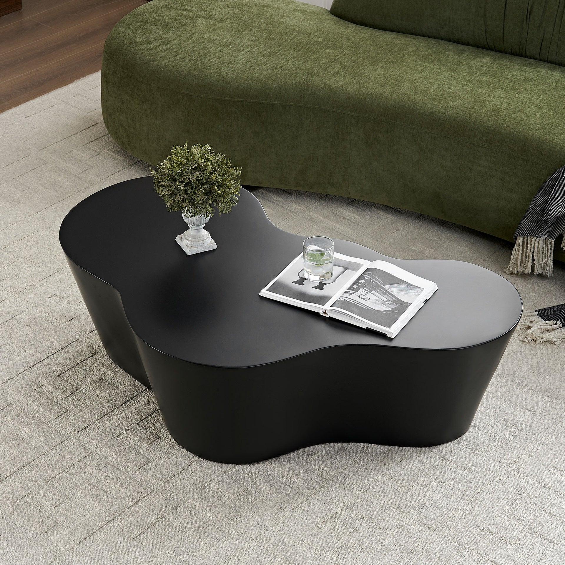 50 Inch Unique Shape Coffee Table Sturdy Fiberglass Tea Table for Living Room No Need Assembly Black