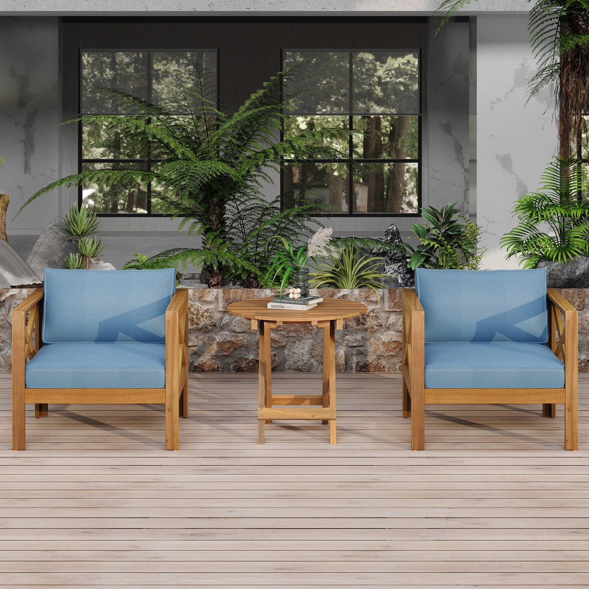 Patio Conversation Set, Outdoor Wood Conversation Seat(Set of 2),Armchair with Cushions,Foldable Acacia Wood Side Table,Teak Finish,Blue cushion