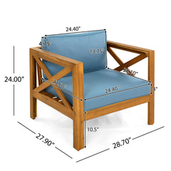 Patio Conversation Set, Outdoor Wood Conversation Seat(Set of 2),Armchair with Cushions,Foldable Acacia Wood Side Table,Teak Finish,Blue cushion