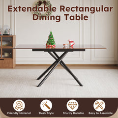 59-inch Modern Rectangle Expandable Dining Table with Retractable Leaf, Black Sandblasted Glass Top & Carbon Steel X-Base, Sturdy 4-6 Person Table for Small Spaces