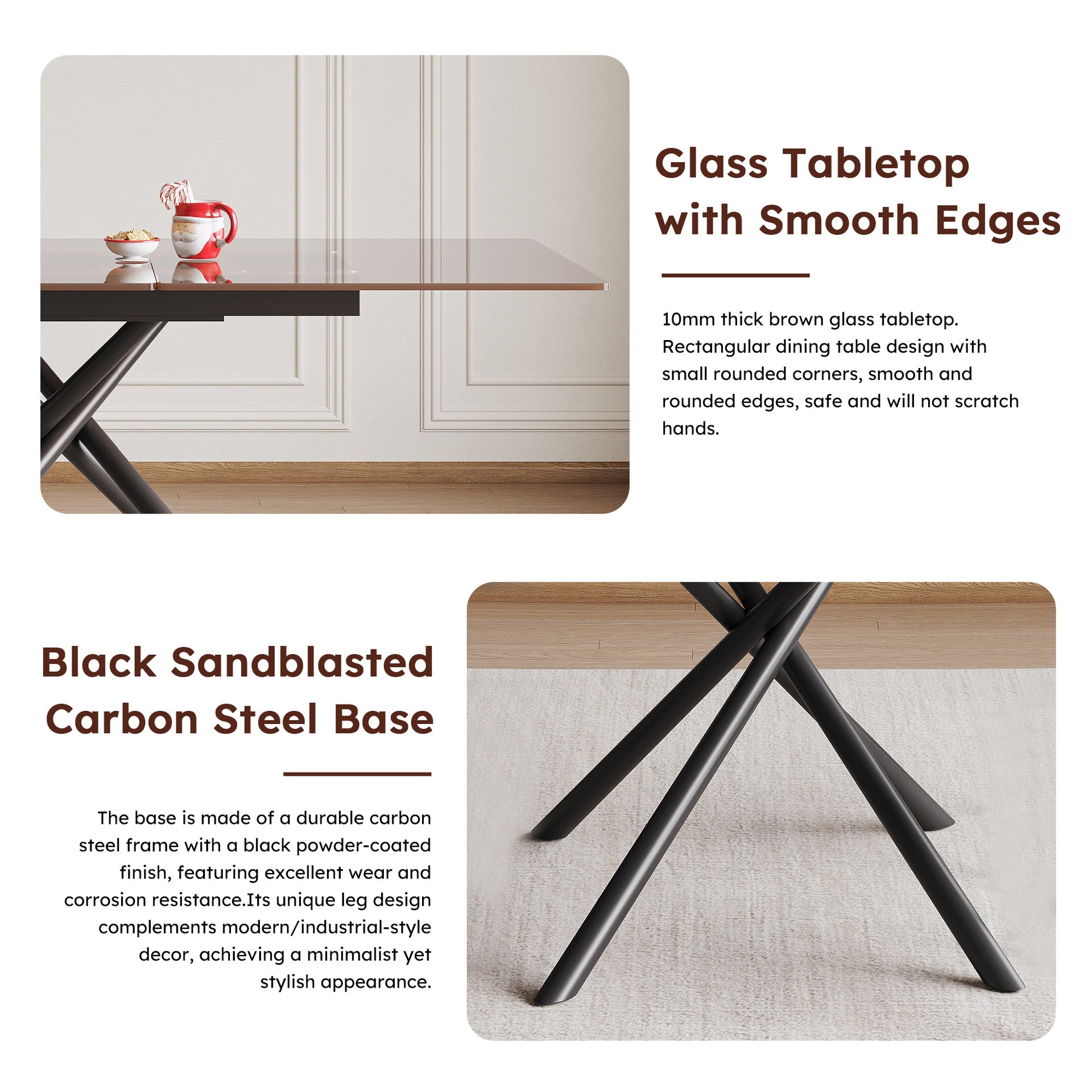59-inch Modern Rectangle Expandable Dining Table with Retractable Leaf, Black Sandblasted Glass Top & Carbon Steel X-Base, Sturdy 4-6 Person Table for Small Spaces