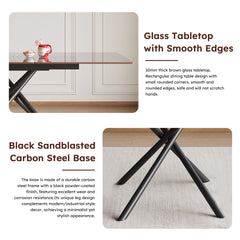 59-inch Modern Rectangle Expandable Dining Table with Retractable Leaf, Black Sandblasted Glass Top & Carbon Steel X-Base, Sturdy 4-6 Person Table for Small Spaces