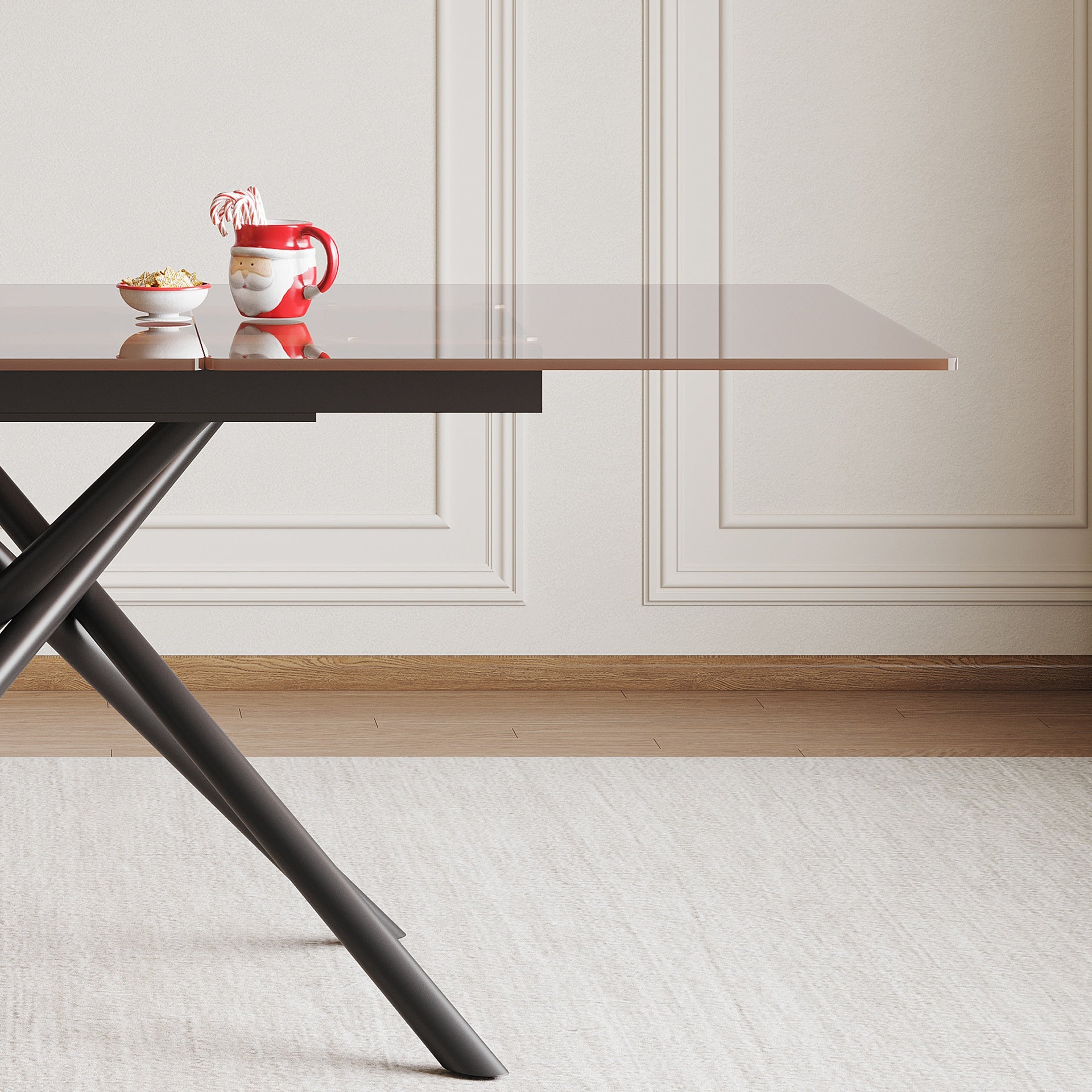 59-inch Modern Rectangle Expandable Dining Table with Retractable Leaf, Black Sandblasted Glass Top & Carbon Steel X-Base, Sturdy 4-6 Person Table for Small Spaces