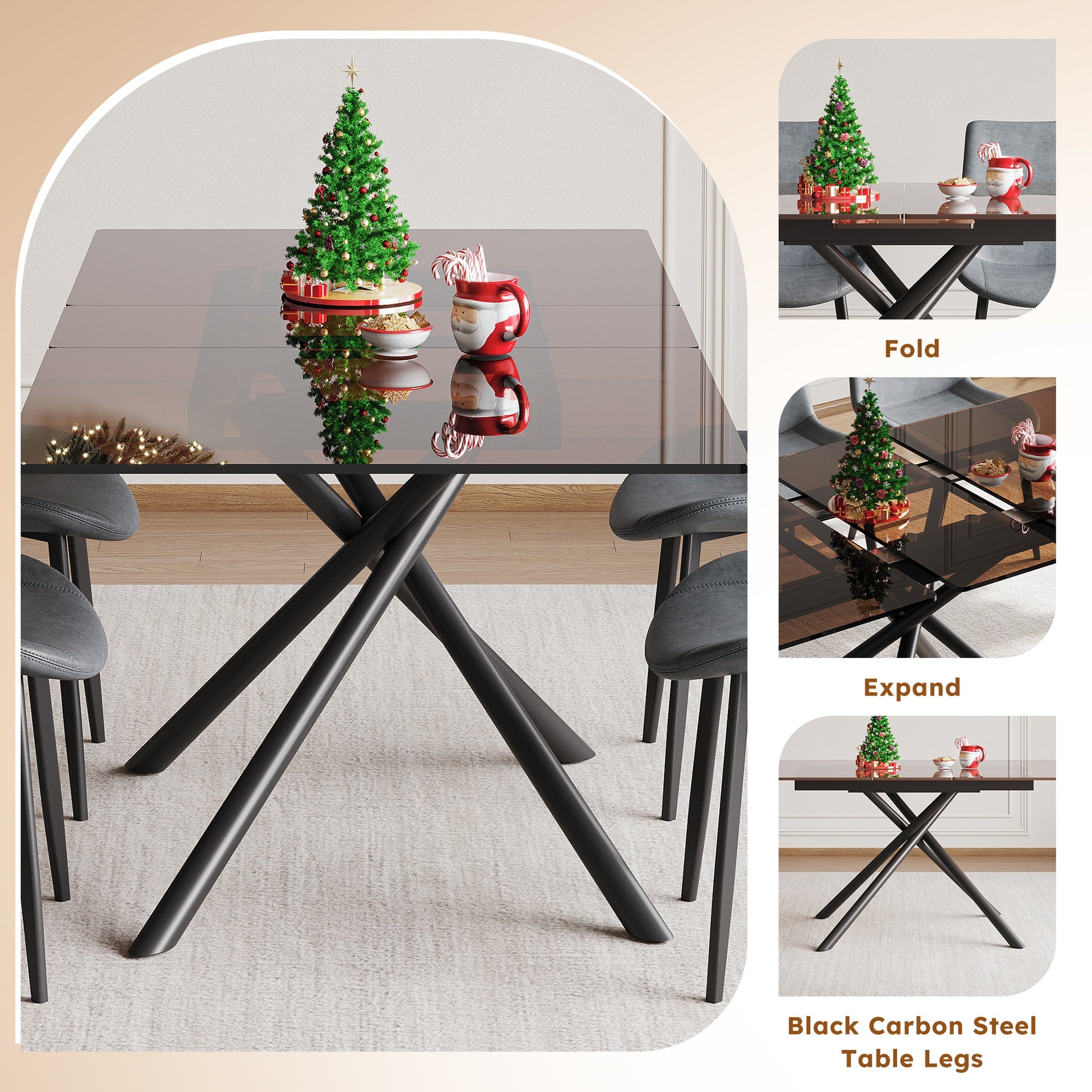 59-inch Expandable Dining Table Set with 4 Gray Ergonomic Chairs, Black Sandblasted Glass Top & X-Base, 4-8 Seater Modern Dining Set for Small Spaces, Kitchen and Apartment
